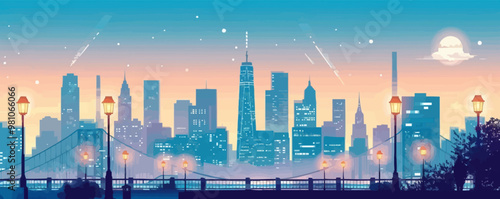 Collection of urban infrastructure like skyscraper, bridge, and streetlight, vector illustration, flat style, icon set.