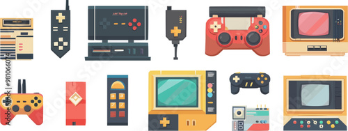 Collection of retro gaming icons featuring joystick, console, and game cartridges, vector illustration, flat style, icon set.
