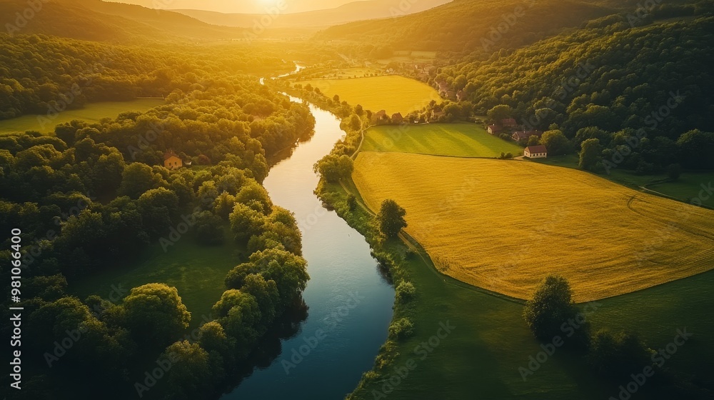 Sweeping aerial view of golden wheat fields, river winding through, with farmhouses dotting the landscape under the soft evening light Sweeping aerial view of golden wheat fields, river winding through, with farmhouses dotting the landscape under the soft evening light