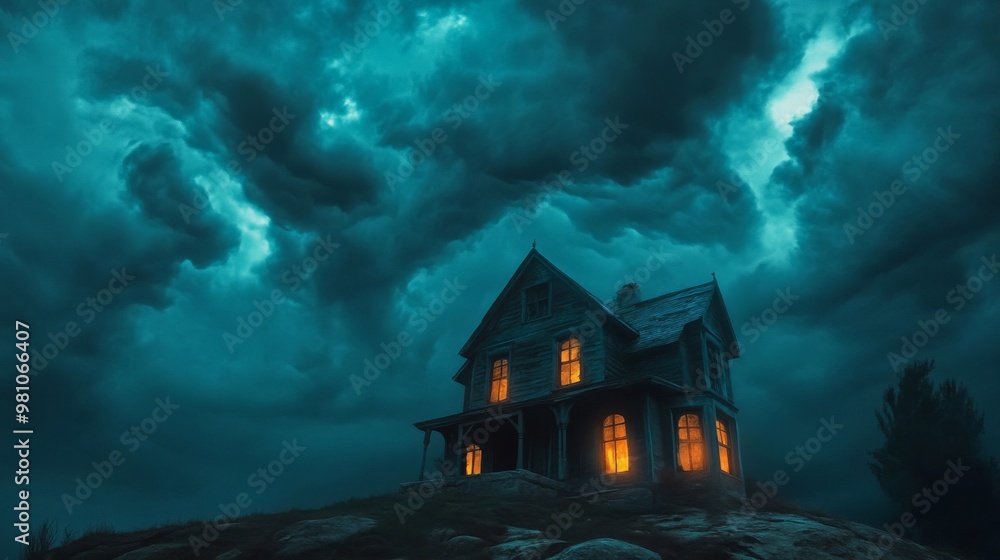 A Creepy, Abandoned House on a Hilltop Under a Dark Stormy Sky A Creepy, Abandoned House on a Hilltop Under a Dark Stormy Sky