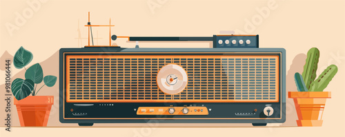 Vintage radio with tuning dial Vector flat minimalistic isolated illustration