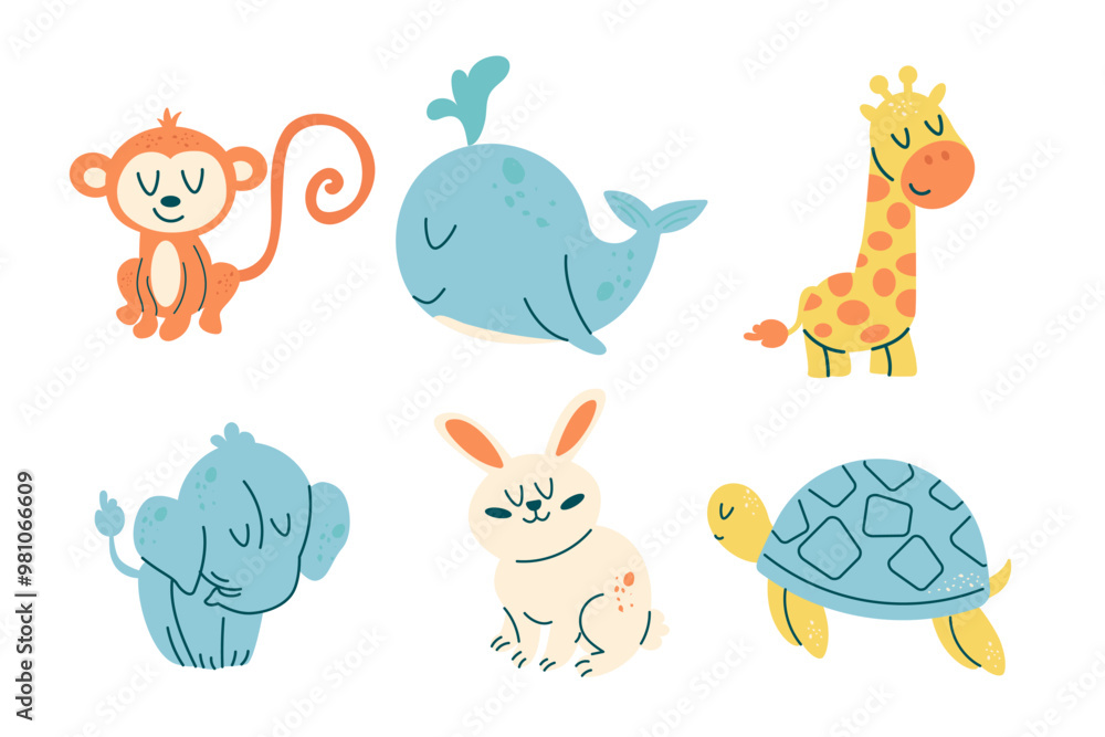 Obraz premium Set of kawaii animal characters whale, giraffe, turtle, rabbit, elephant, monkey