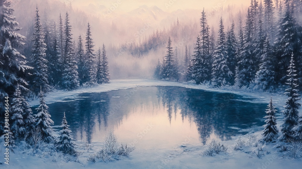Winter forest from above, snow-dusted pine trees surrounding a partially frozen lake, soft pastel hues of dusk, watercolor style, ethereal ambiance, high-resolution detail Winter forest from above, snow-dusted pine trees surrounding a partially frozen lake, soft pastel hues of dusk, watercolor style, ethereal ambiance, high-resolution detail