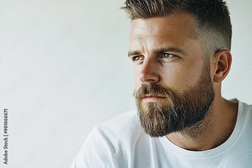 Fototapeta premium Close-up of bearded man in profile, portrait for men's hair care and grooming products