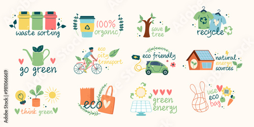 Set ecology, bio labels badges letterings elements