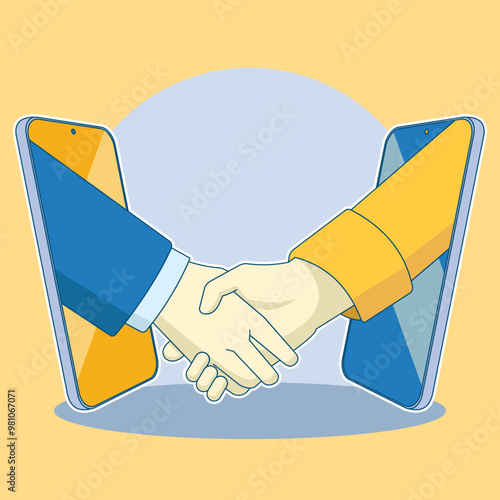 Vector of shaking hands online business via smartphone