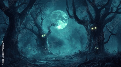 Eerie Forest With Glowing Eyes In Trees Under A Full Moon