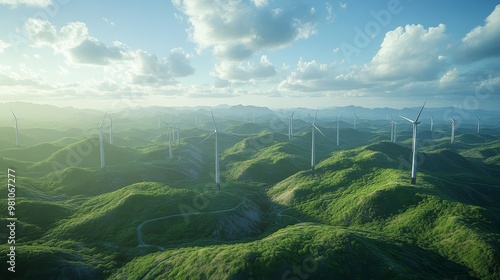 Aerial view of wind turbines scattered across vast green hills, rotating in unison under a bright blue sky with fluffy clouds, ultra-realistic, soft morning light