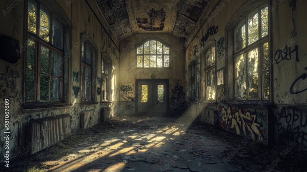 Sunbeams Illuminating a Desolate Hallway in an Abandoned Building Sunbeams Illuminating a Desolate Hallway in an Abandoned Building