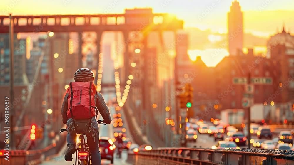 A determined cyclist with a food delivery box on their back rides swiftly across a bustling bridge during rush hour A determined cyclist with a food delivery box on their back rides swiftly across a bustling bridge during rush hour
