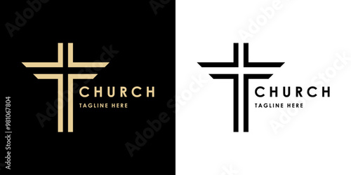 Church vector logo design with christian cross, gold christian symbol.