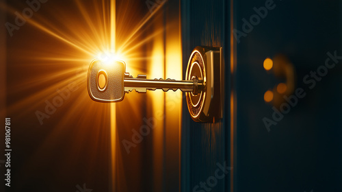 A golden key with light shining through, going into an old wooden door, symbolizing the entrance to your business success and growth in marketing, Generative AI