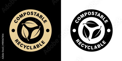 Compostable and Recyclable - vector golden stamp for packaging and bottle labeling.