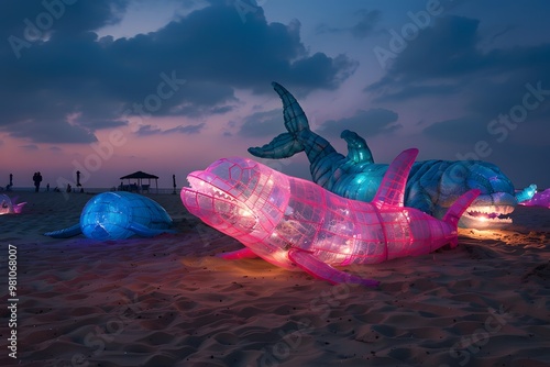Illustration of A surreal beach scene with giant plastic sculptures shaped like marine animals, glowing with an inner light against a twilight sky. Ai Generate.
