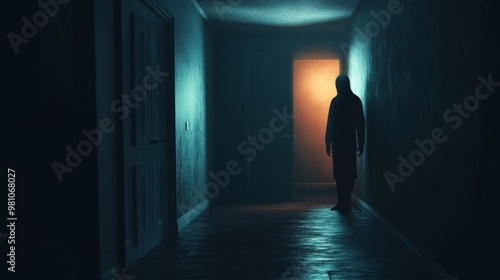 A Silhouette of a Figure Standing in a Dark Hallway