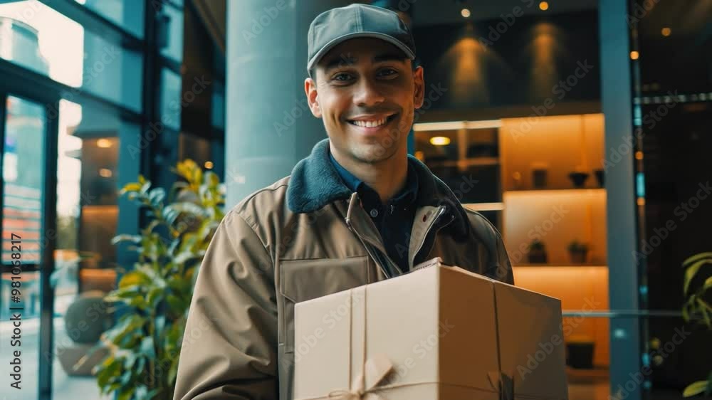 A delivery person in a cap and uniform delivers a neatly wrapped package to a young man in a modern apartment lobby A delivery person in a cap and uniform delivers a neatly wrapped package to a young man in a modern apartment lobby