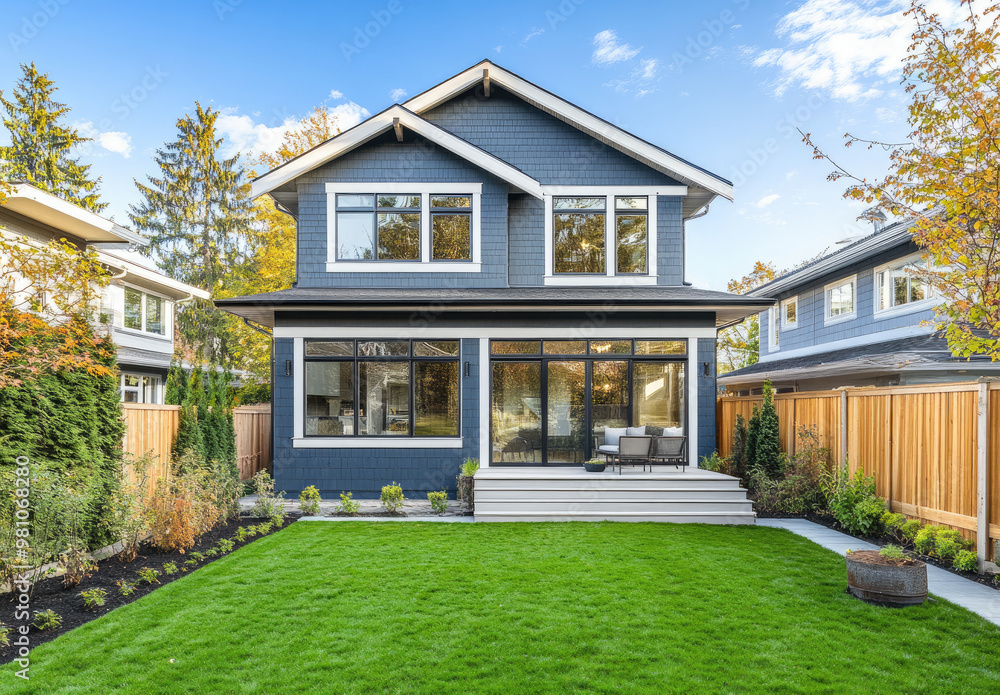 A modern two-story home with blue-gray walls and white trim, green grass in the yard surrounded by a wooden fence, and a backyard landscape design. A modern two-story home with blue-gray walls and white trim, green grass in the yard surrounded by a wooden fence, and a backyard landscape design.