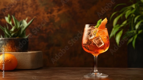 Aperol Spritz Cocktail on a Minimalist Table with Orange Accents and Plants. AI generated illustration