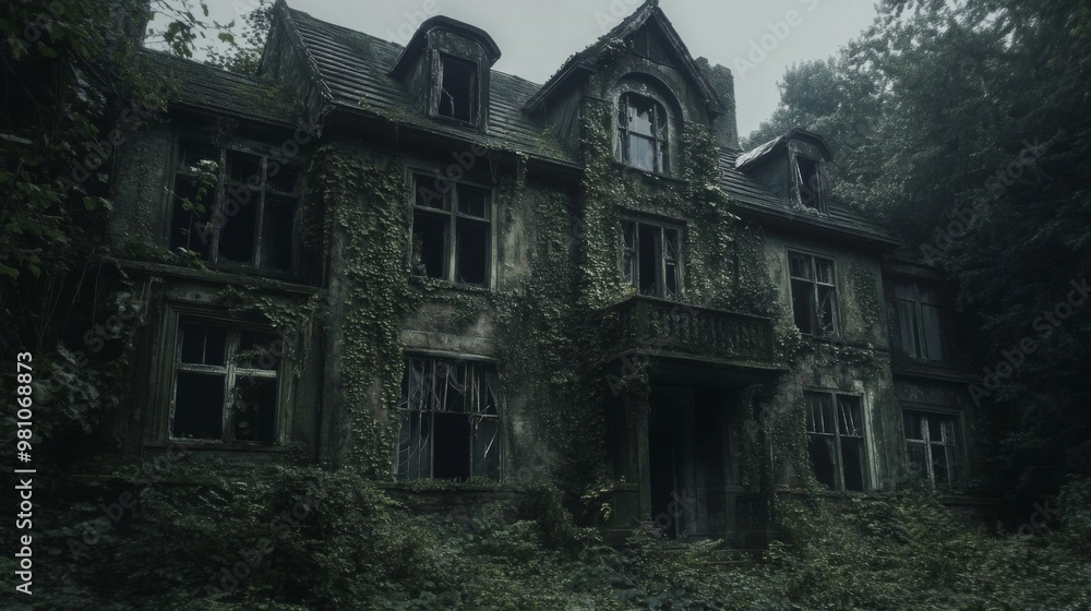 An Overgrown Abandoned House with Broken Windows An Overgrown Abandoned House with Broken Windows