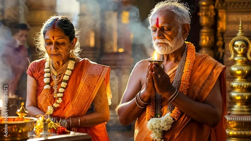 An elderly Indian couple, dressed in traditional attire, engages in prayer inside a temple. Both are adorned with garlands and stand in a serene atmosphere, bathed in soft, warm light, creating a photo