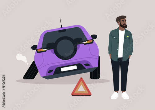 A contemplative bearded man stands beside a quirky car with a flat tire, pondering his next move while awaiting roadside assistance on a calm afternoon