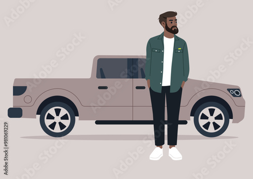 A man with a beard wearing a casual outfit stands thoughtfully by a stylish vehicle, embodying a moment of reflection amidst a serene and calming atmosphere