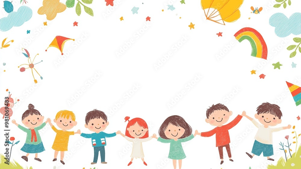 A playful background with colorful illustrations of children playing around the borders, leaving a blank space in the middle for text, perfect for kid-themed content A playful background with colorful illustrations of children playing around the borders, leaving a blank space in the middle for text, perfect for kid-themed content