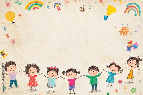 Wallpaper Mural A playful background with colorful illustrations of children playing around the borders, leaving a blank space in the middle for text, perfect for kid-themed content Torontodigital.ca