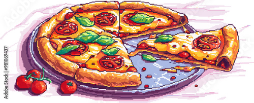 Create pixel art of a delicious pizza with toppings, pixel art on white isolated background, vector design.