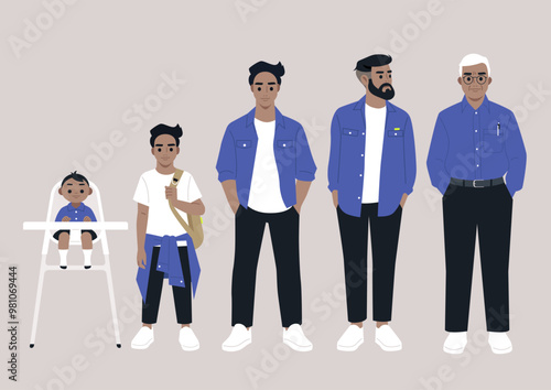 A vibrant depiction showcasing the unique styles and connections of five generations, from a playful baby to a wise elder, celebrating family heritage and diversity
