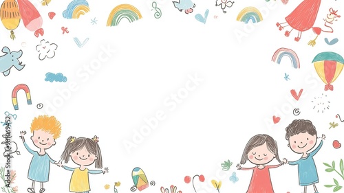 A playful background with colorful illustrations of children playing around the borders, leaving a blank space in the middle for text, perfect for kid-themed content