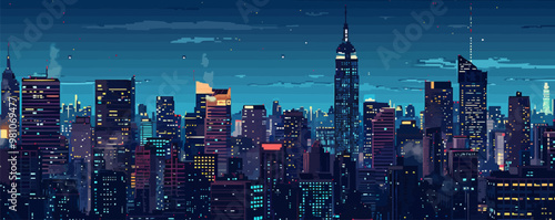 Create pixel art of a bustling city skyline at night, pixel art on white isolated background, vector design.