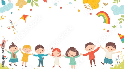 A playful background with colorful illustrations of children playing around the borders, leaving a blank space in the middle for text, perfect for kid-themed content