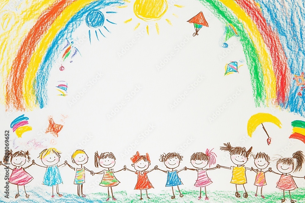 A playful background with colorful illustrations of children playing around the borders, leaving a blank space in the middle for text, perfect for kid-themed content A playful background with colorful illustrations of children playing around the borders, leaving a blank space in the middle for text, perfect for kid-themed content