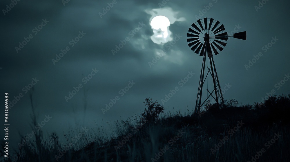 Silhouetted Windmill Against a Moonlit Sky Silhouetted Windmill Against a Moonlit Sky