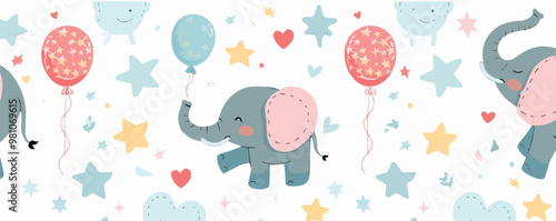 Cute elephants with balloons, stars, and hearts on a baby-themed background, flat, vector illustration, seamless pattern background design.
