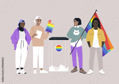 Engaged LGBTQ community members proudly participating in an inclusive ballot box activity, symbolizing their voices in a vibrant and supportive environment