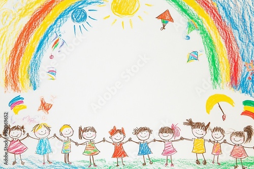 A playful background with colorful illustrations of children playing around the borders, leaving a blank space in the middle for text, perfect for kid-themed content