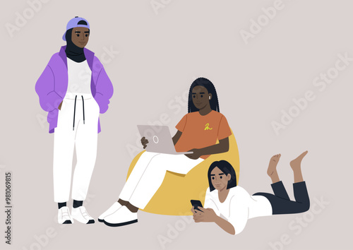 A group of teenagers enjoying a cozy afternoon on a colorful bean bag while engaged in fun digital activities in a modern, relaxed indoor space