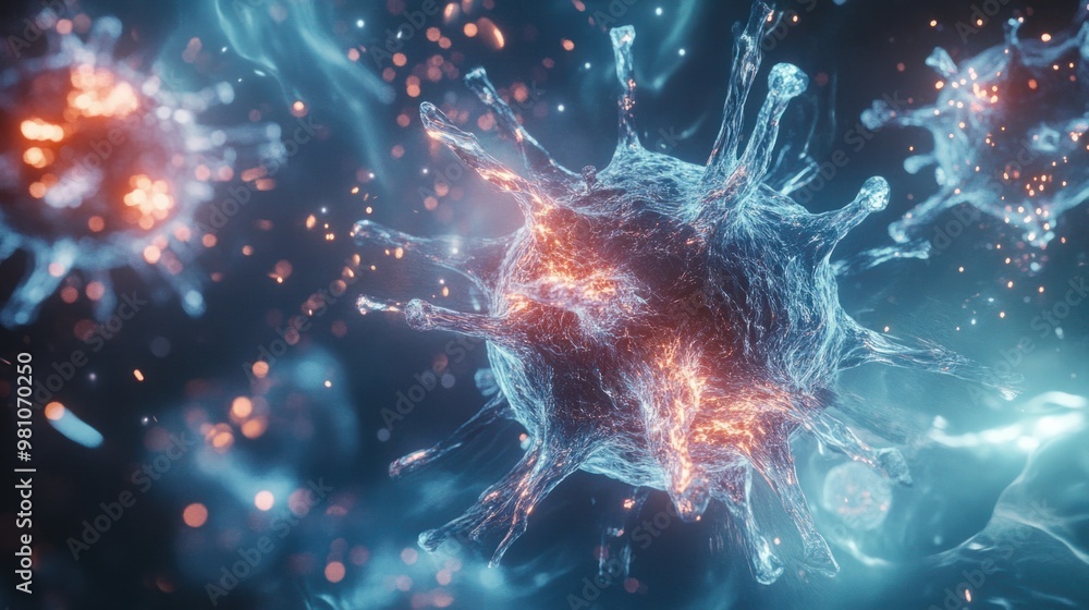 A high-tech visualization of a virus being eradicated by medical treatment, with futuristic glowing effects. A high-tech visualization of a virus being eradicated by medical treatment, with futuristic glowing effects.