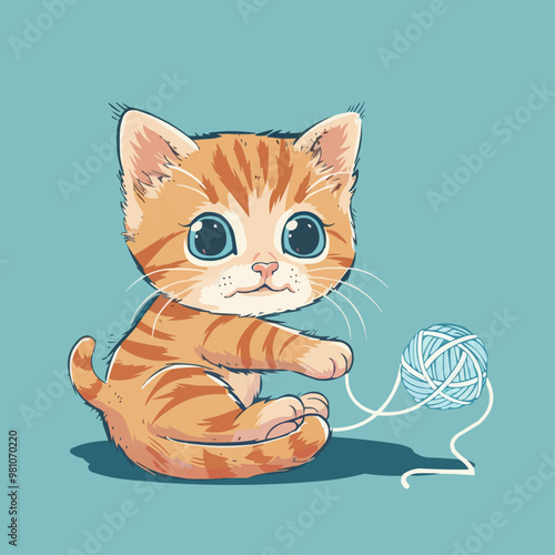 Cute kitten playing with yarn ball, adorable and playful, vector illustration for t-shirt, flat