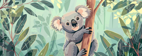 Cute koala holding a eucalyptus branch, Australian wildlife, vector illustration for t-shirt, flat