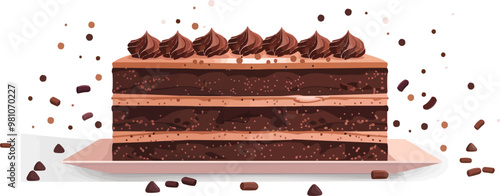 A decadent chocolate cake with layers of chocolate frosting and sprinkles on a white background. Vector flat minimalistic isolated