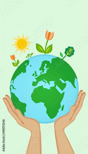 A vibrant illustration of hands holding the Earth with plants and sunlight, symbolizing environmental care and sustainability.