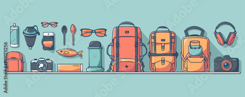 Travel essentials and vacation gear on a clean white surface. Vector flat isolated illustration.