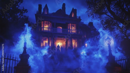 Two Figures Approach a Mysterious Victorian Mansion on a Foggy Night