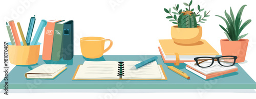 Office desk with paperwork and stationery items on a plain white backdrop. Vector flat isolated illustration.