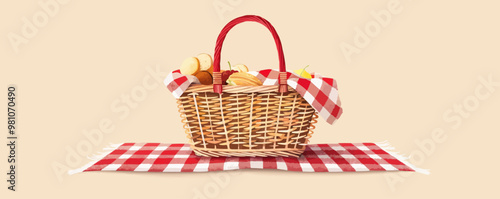 A classic red and white picnic basket filled with goodies on a checkered blanket. Vector flat minimalistic isolated