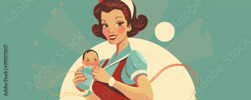 Cute pin-up babysitter in retro clothes, holding a baby bottle, flat, vector illustration, pin-up style.