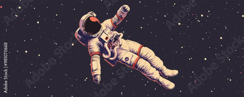 Cute pin-up astronaut in a vintage space suit, floating in space, flat, vector illustration, pin-up style.